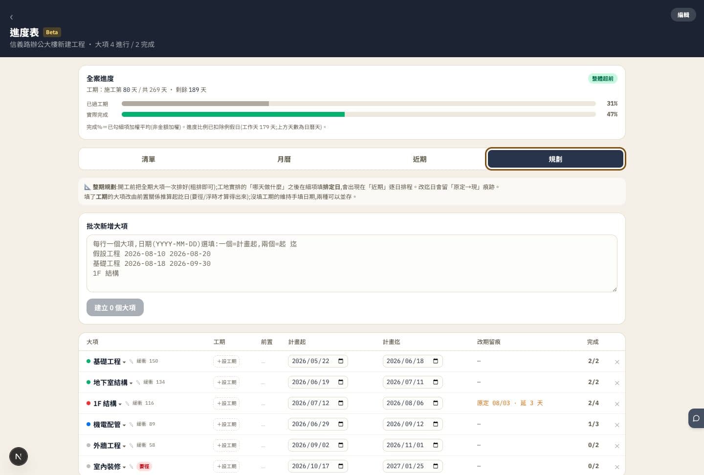 Gonday 網頁版整期進度規劃實際介面