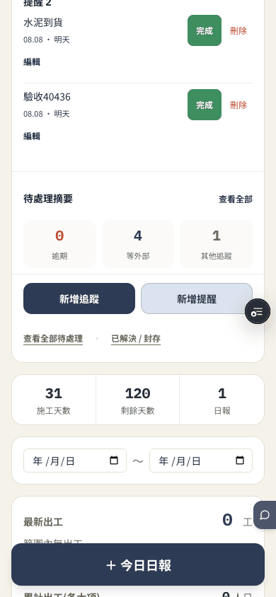 Gonday 提醒與待處理摘要實際介面